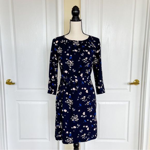Ann Taylor Sz 0 Black and Blue Round Ruffled Neck Long Sleeves Knee Length Dress - Picture 1 of 12